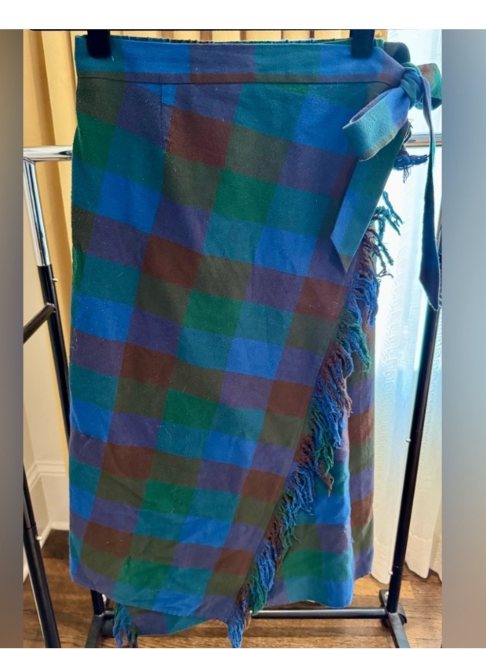 Anthropologie Mare Mare Fringed Wool Plaid Tie Waist Wrap Green Midi Skirt M - Picture 5 of 9